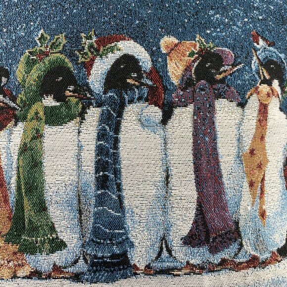 Caroling Penguins Pillow Lynne Jones Christmas Tapestry Throw Pillow 16” - Picture 3 of 6